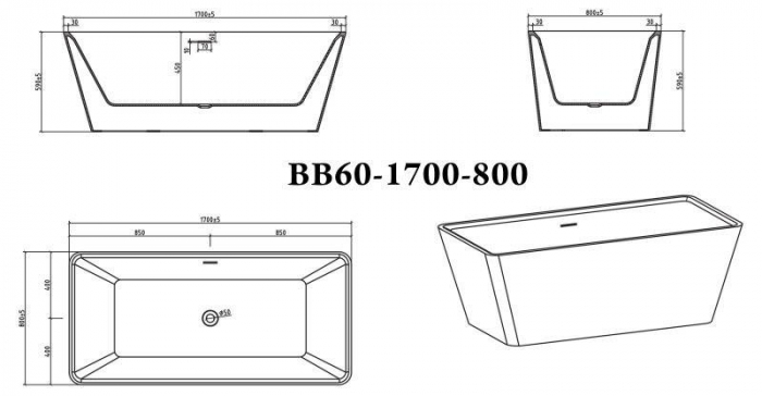 Ванна акриловая отдельностоящая BELBAGNO BB60-1700-800. Фото